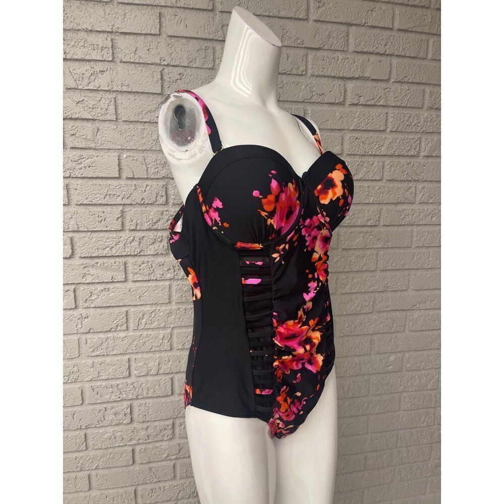 Women Black Floral Print Cut-Out Back One Piece Swimsuit Size XL NWOT - Picture 3 of 8